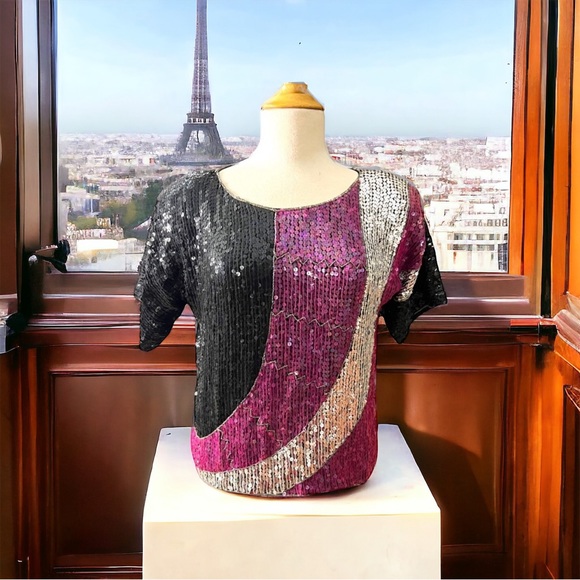 JLB Paris Hong Kong 100% Silk Fully Sequined Top 1980s Abstract Colorblo… - Picture 1 of 12